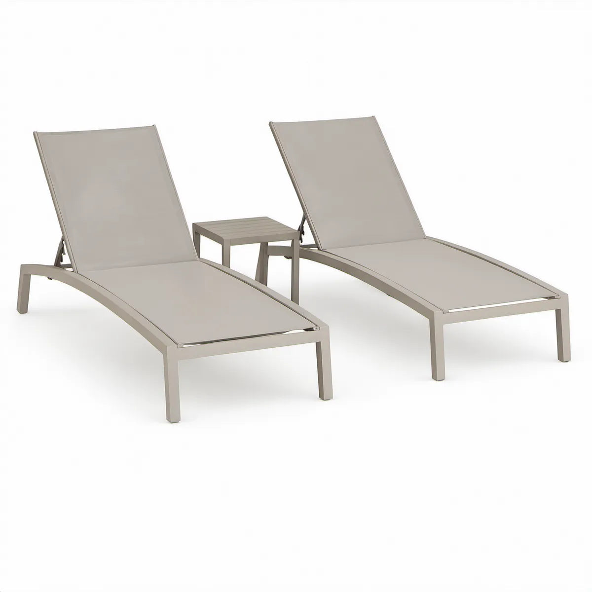 2 aluminiowe leżaki ogrodowe z regulowanym oparciem i stolikiem, 200 × 65 × 33 cm, taupe